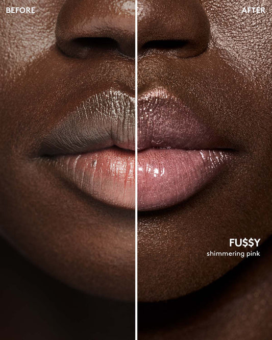 before and after of deep skin toned model wearing gloss bomb universal lip luminizer in shade Fu$$y