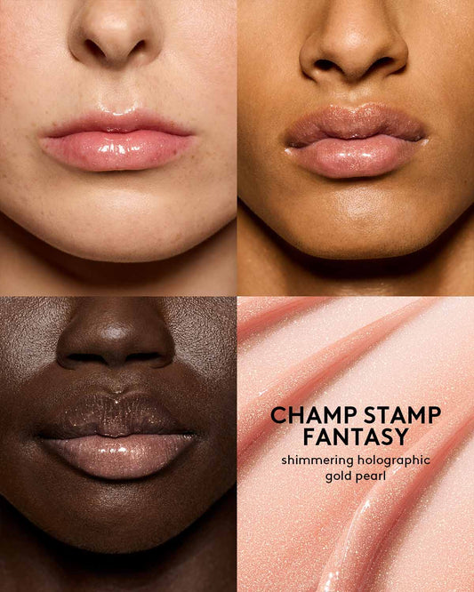 shade grid of three different skin toned models wearing gloss bomb universal lip luminizer in shade champ stamp fantasy