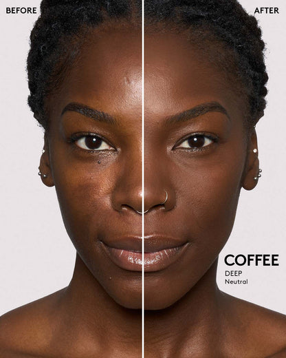Before and after shot of model using Pro filt'r Setting Powder in shade Coffee.