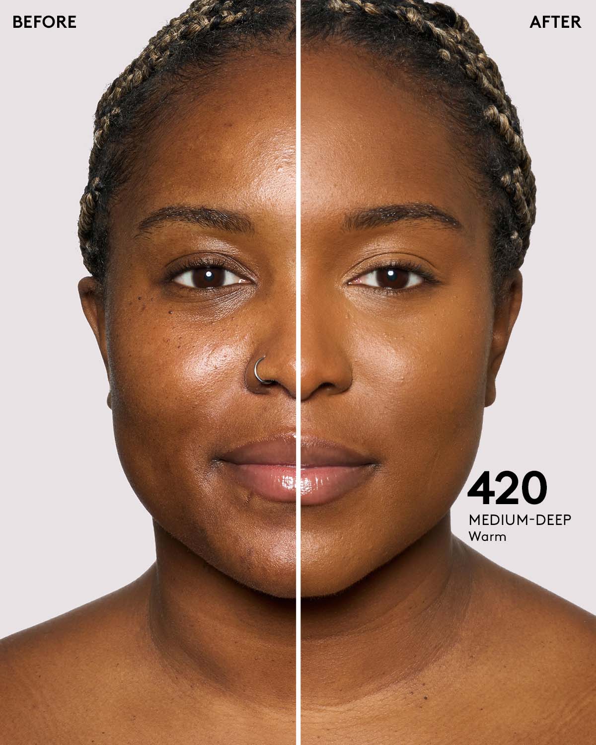 before and after photos of model wearing Fenty Beauty Pro Filt'r Instant Retouch Concealer in medium-deep shade