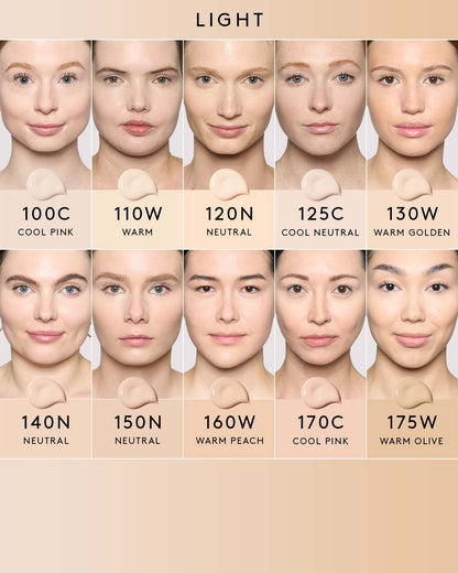 Fenty Beauty's We're Even Hydrating Longwear Foundation shade grid for light skin tones.