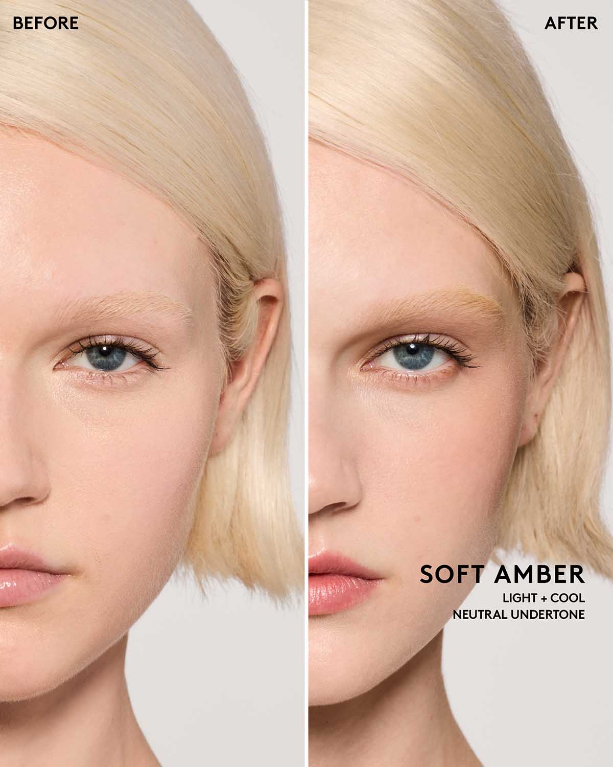 Before and after image of model wearing match stix contour in shade soft amber.