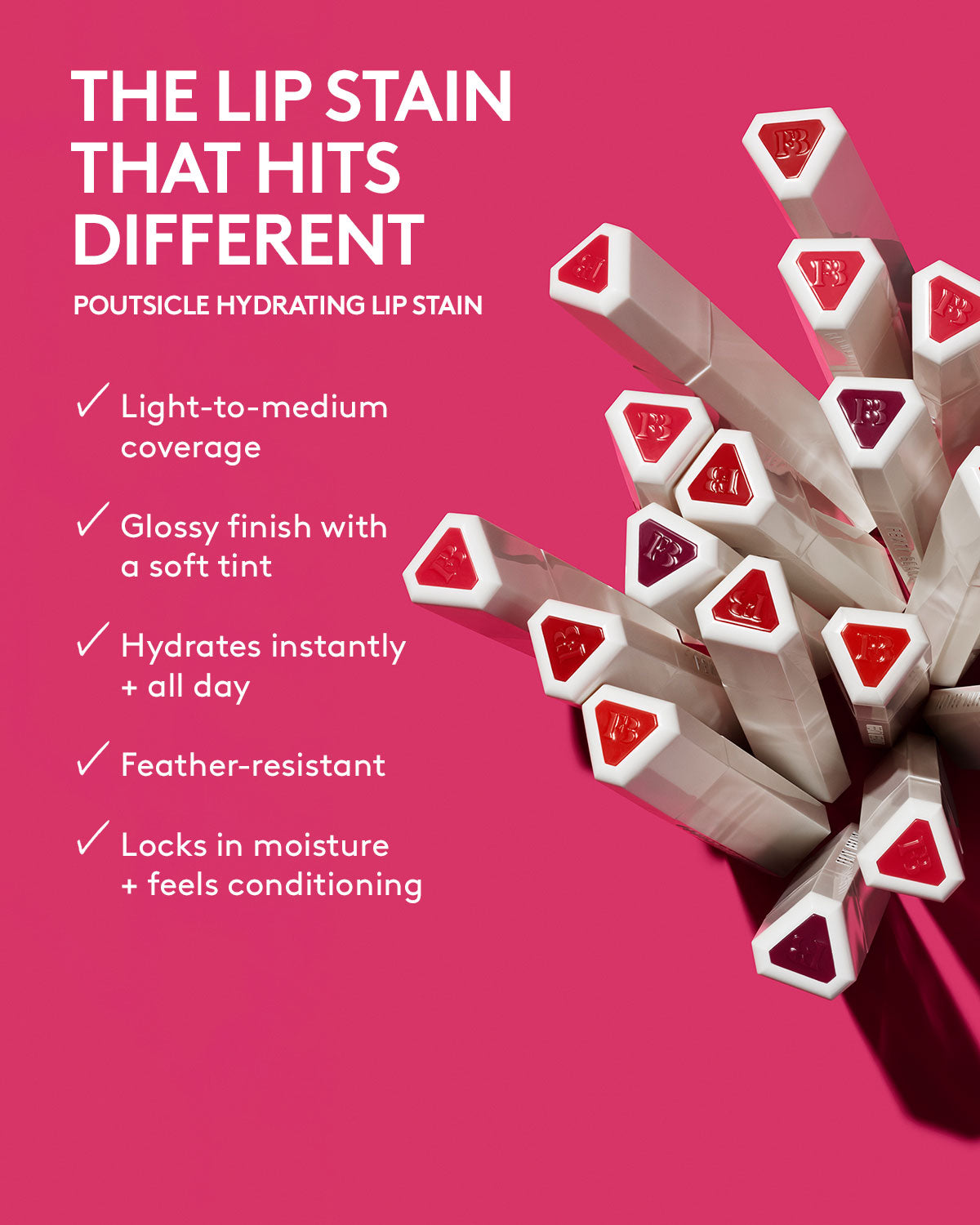 the lip stain that hits different. poutsicle hydrating lip stain. light to medium coverage, glossy finish with a soft tint, hydrates instantly + all day, feather resistant, locks in moisture + feels conditioning