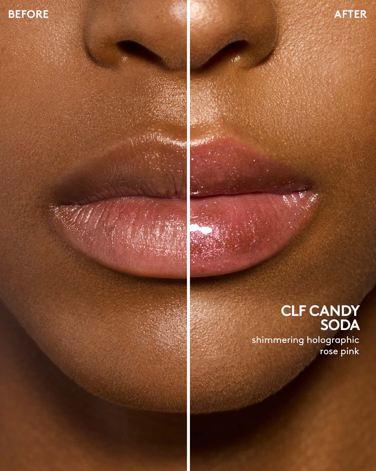 before and after of medium skin toned model wearing gloss bomb universal lip luminizer in shade candy soda