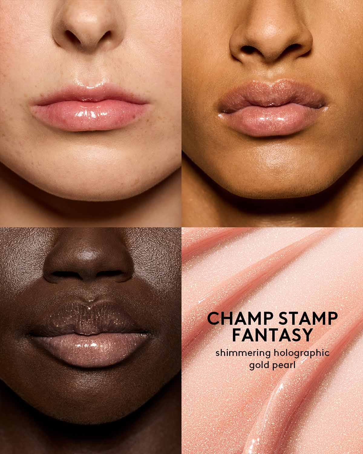 shade grid of three different skin toned models wearing gloss bomb universal lip luminizer in shade champ stamp fantasy