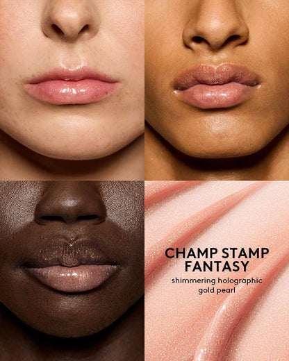 shade grid of three different skin toned models wearing gloss bomb universal lip luminizer in shade champ stamp fantasy