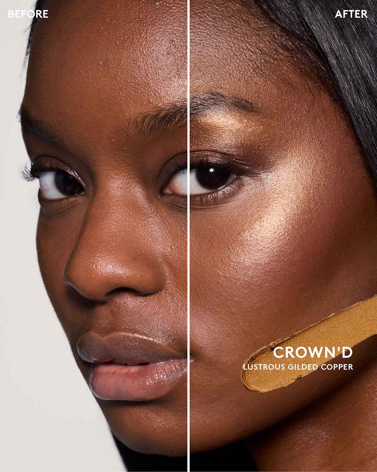 Before and After of model wearing match stix shimmer in shade crown'd.