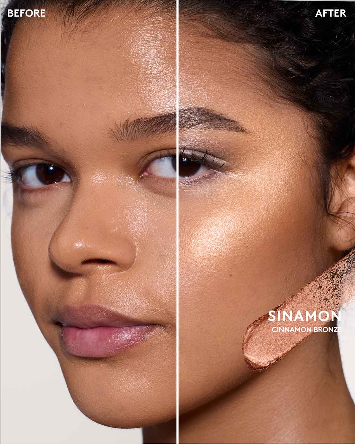 Before and after image of model wearing match stix shimmer in shade Sinamon.