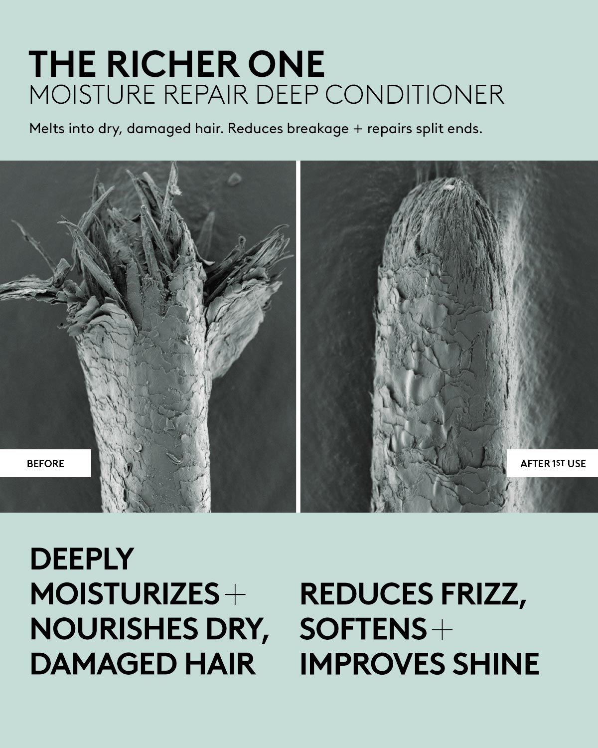 Microscopic photograph showing a strand of hair before and after 1st use of Fenty Hair deep conditioner, which melts into dry, damaged hair, reduces breakage + repairs split ends. Deep conditioner deeply moisturizes + nourishes dry, damaged hair and reduces frizz, softens + improves shine.