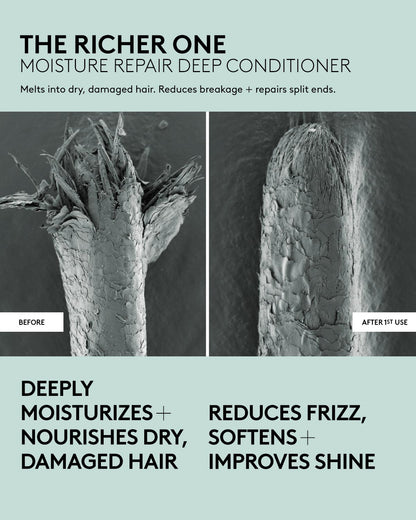 Microscopic photograph showing a strand of hair before and after 1st use of Fenty Hair deep conditioner, which melts into dry, damaged hair, reduces breakage + repairs split ends. Deep conditioner deeply moisturizes + nourishes dry, damaged hair and reduces frizz, softens + improves shine.
