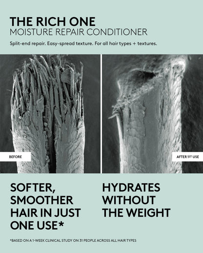 Microscopic photograph showing a strand of hair before and after 1st use of Fenty Hair conditioner, which provides split-end repair, easy-spread texture, and is designed for all hair types + textures. Hair is softer and smoother after one use, based on a 1-week clinical study on 31 people across all hair types.