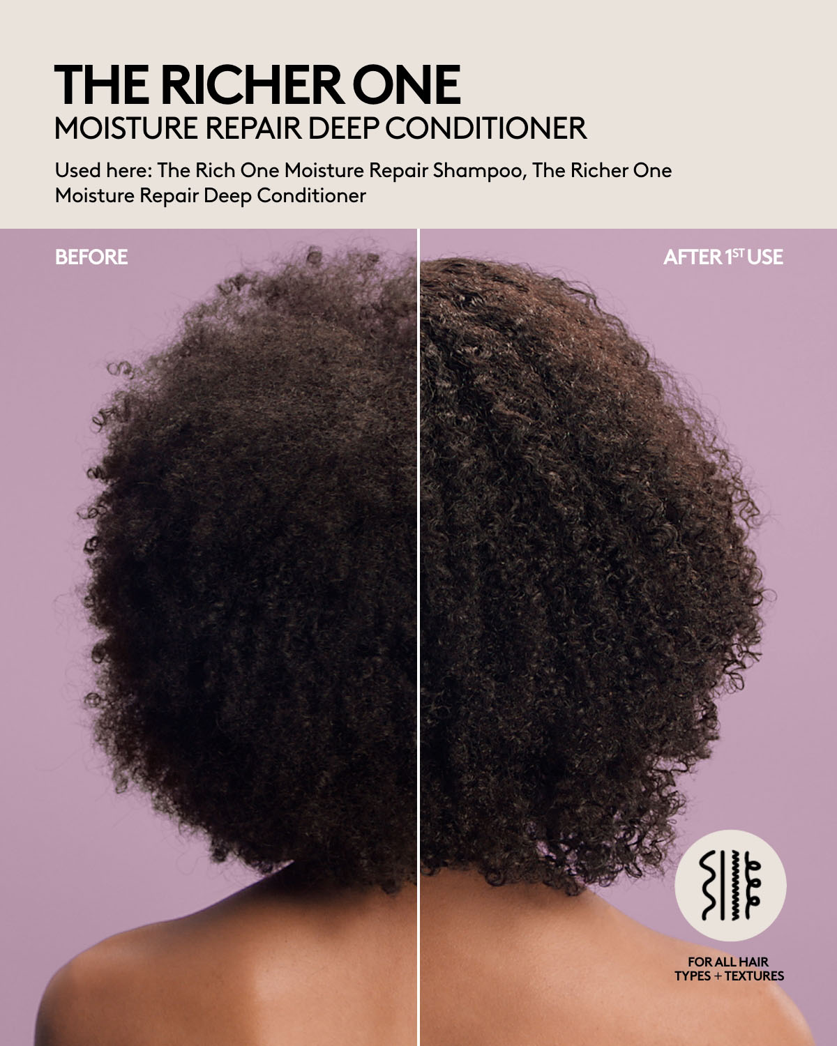 Coily short hair before and after one use of Fenty Hair shampoo and deep conditioner. Hair is shiny, appears healthier and hydrated. Fenty Hair is for all hair types + textures.