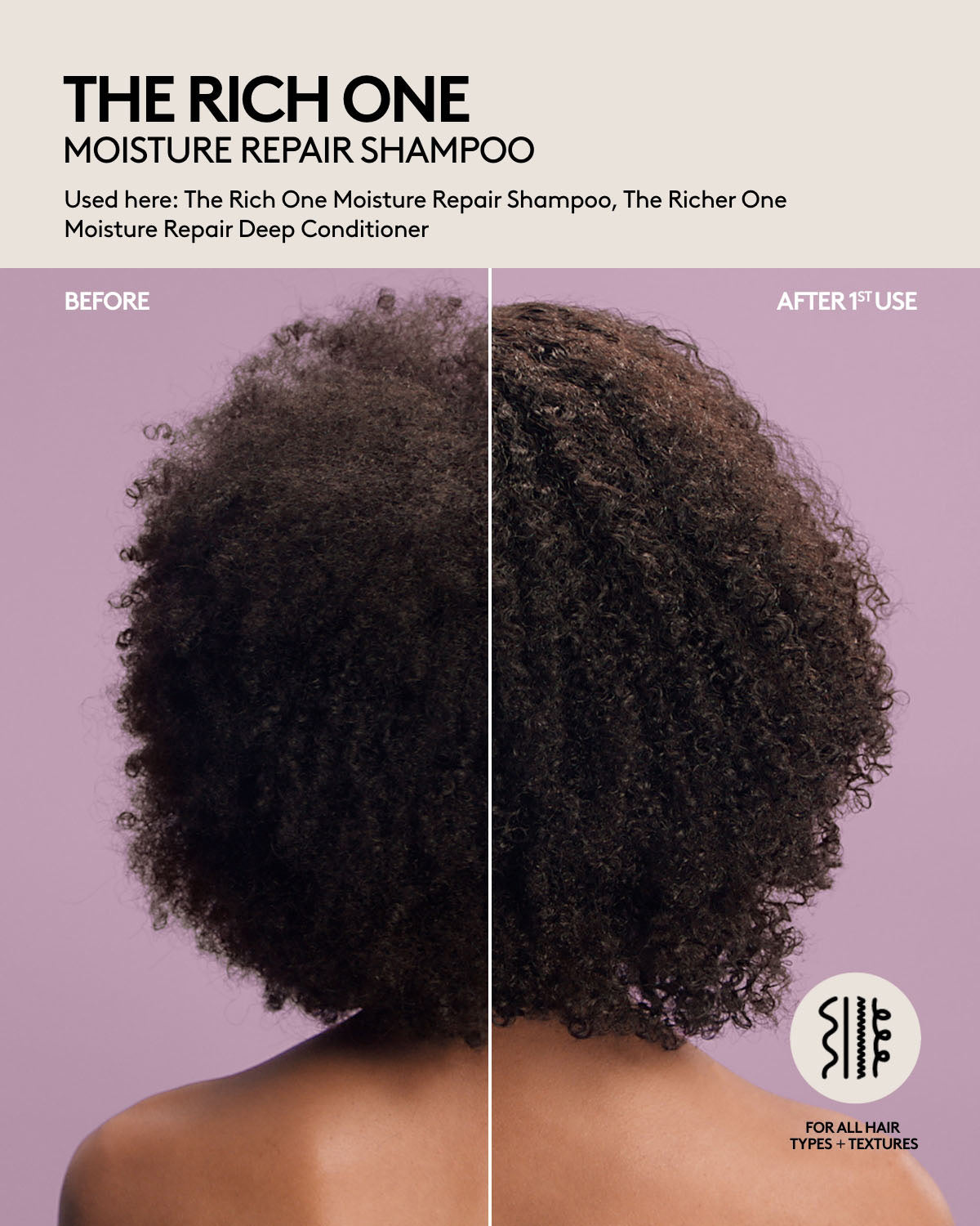 Coily short hair before and after one use of Fenty Hair Moisture Repair Shampoo and Deep Conditioner, hair is shiny, appears healthier and hydrated. Fenty Hair is for all hair types + textures.