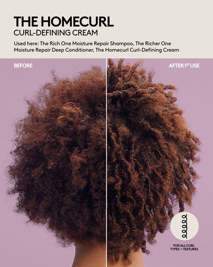 The Homecurl Curl-Defining Cream before and after results after one use on tightly-textured hair