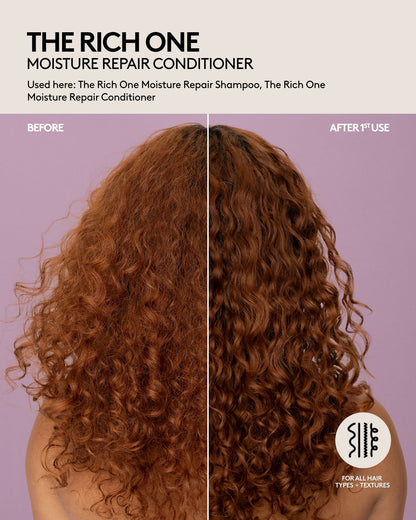 Curly long hair before and after one use of Fenty Hair shampoo and conditioner. Curls are defined, hair is shiny, appears healthier and hydrated. Fenty Hair is for all hair types + textures.