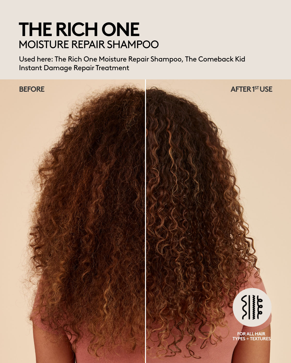 Curly medium-length hair before and after one use of Fenty Hair Moisture Repair Shampoo and Damage Repair Treatment, curls are defined, hair is shiny, appears healthier and hydrated. Fenty Hair is for all hair types + textures.