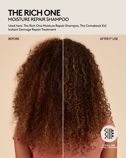 Curly medium-length hair before and after one use of Fenty Hair Moisture Repair Shampoo and Damage Repair Treatment, curls are defined, hair is shiny, appears healthier and hydrated. Fenty Hair is for all hair types + textures.