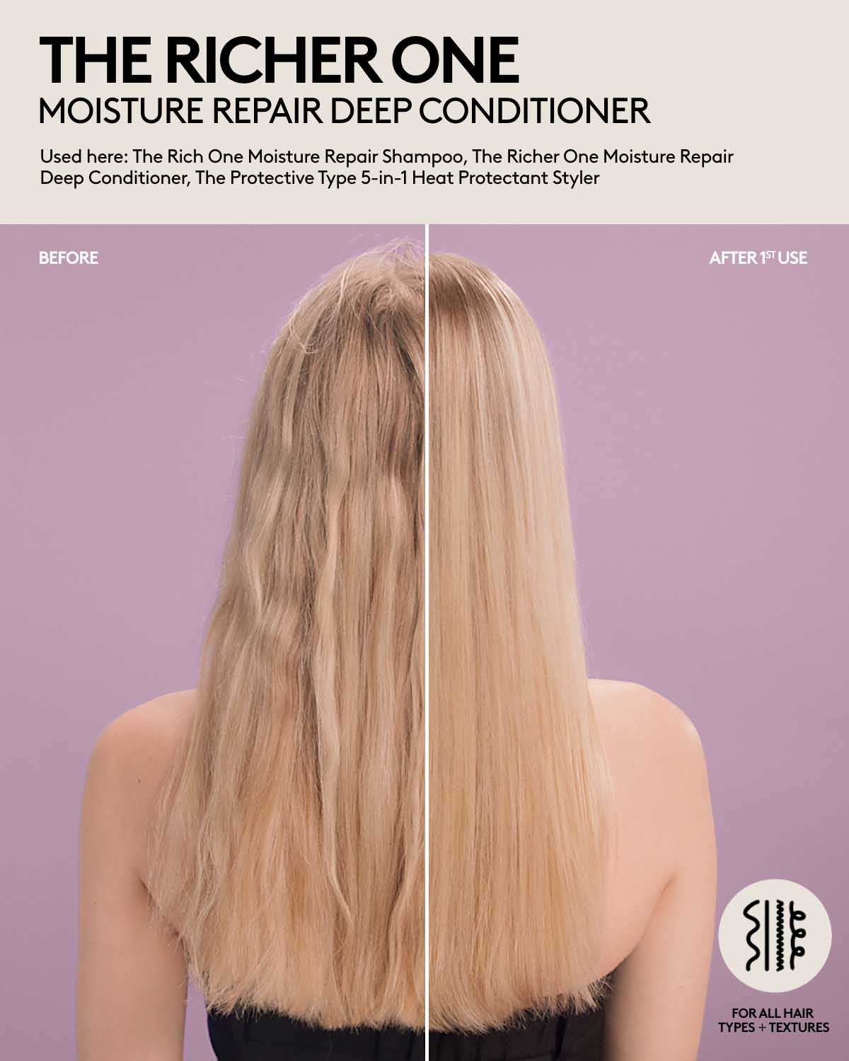Straight medium-length hair before and after one use of Fenty Hair shampoo, deep conditioner, and heat protectant hair styler. After 1st use, hair is frizz-free, shiny, smooth and hydrated. Fenty Hair is for all hair types + textures.