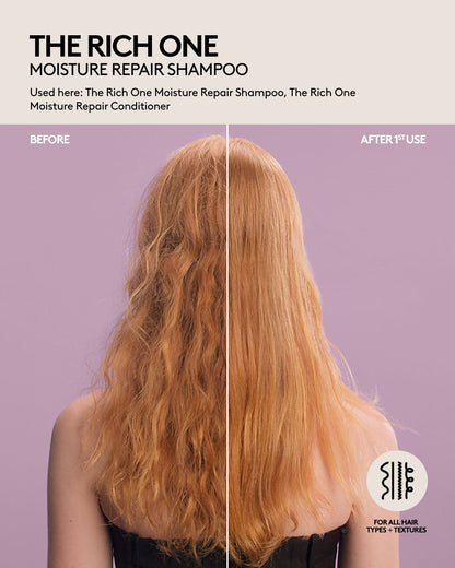 Straight medium-length hair before and after one use of Fenty Hair Moisture Repair Shampoo and Conditioner, hair is frizz-free, shiny, smooth and hydrated. Fenty Hair is for all hair types + textures.