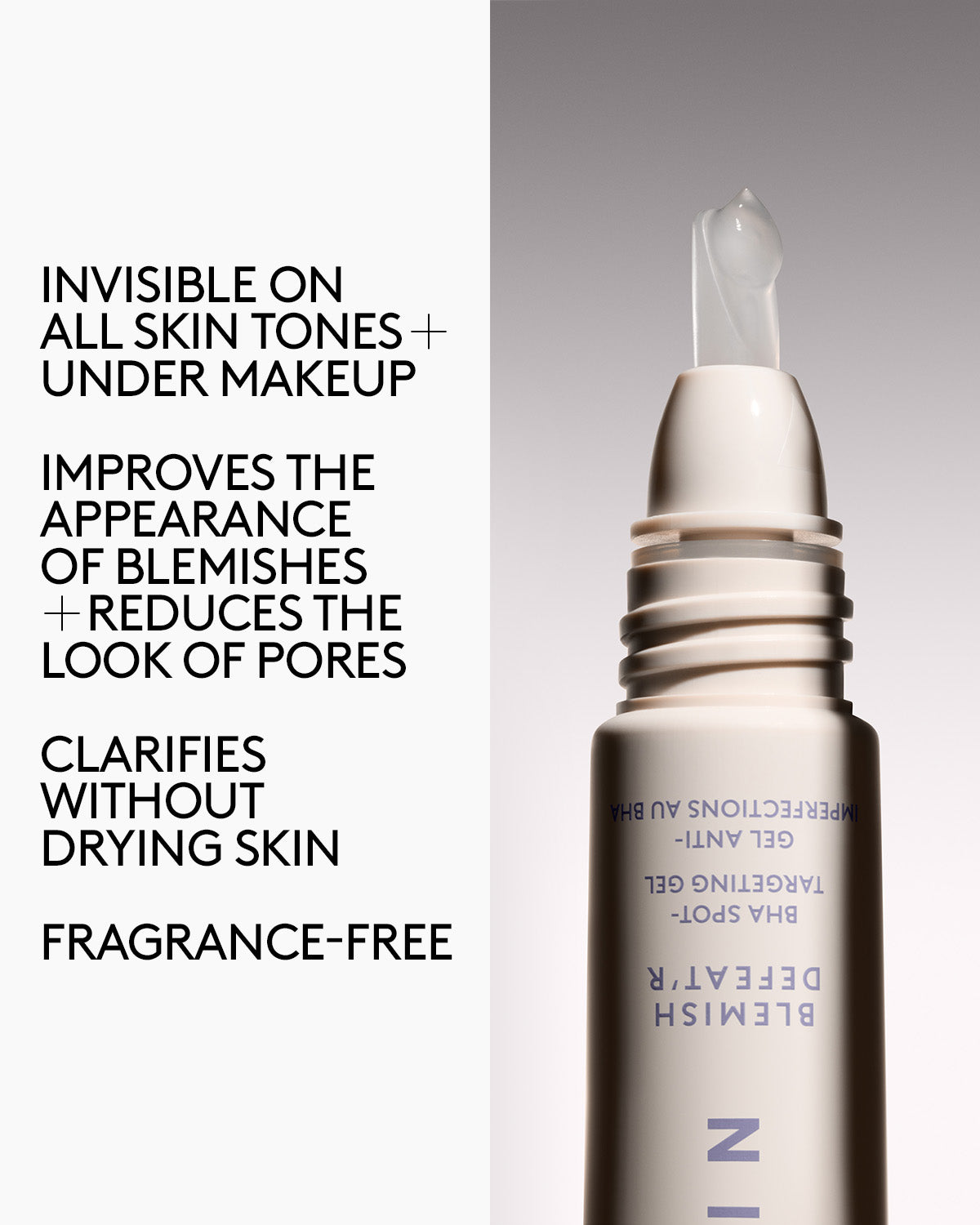 Close-up of the Blemish Defeat'r BHA Spot-Targeting Gel tip next to overlay text detailing its benefits.