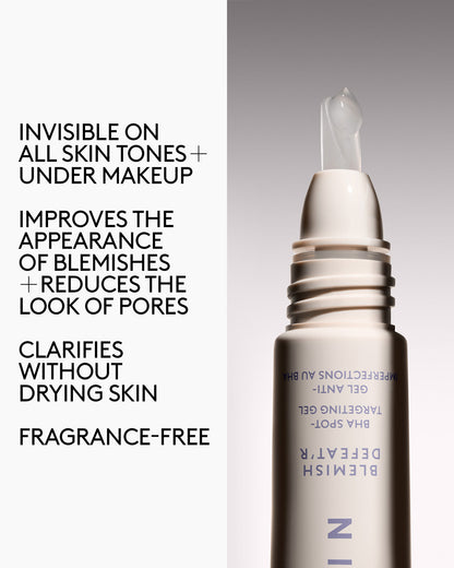Close-up of the Blemish Defeat'r BHA Spot-Targeting Gel tip next to overlay text detailing its benefits.