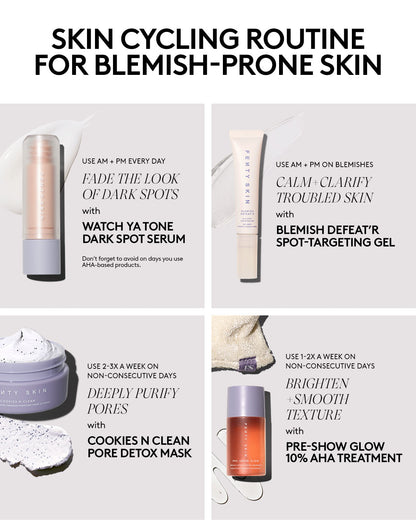Skin cycling routine showing the products Watch Ya Tone Serum, Blemish Defeat'r Gel, Cookies n' Clean Mask and Pre-Show Glow treatment.